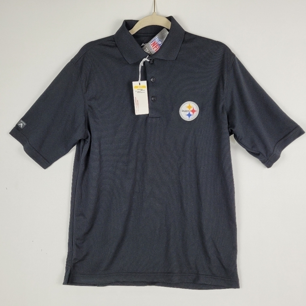 Pittsburgh Steelers Antigua Embroidered Pique Xtra-Lite Black Polo Shirt Sz S